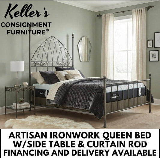 86314 - Artisan Ironwork Queen Bed w/Side Table & Curtain Rod 65x85x90