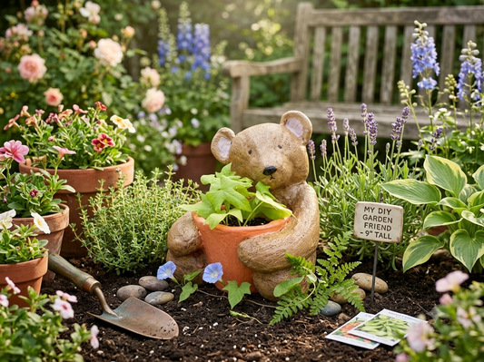 86370 Handmade Cement Teddy Bear Planter 10x9x9