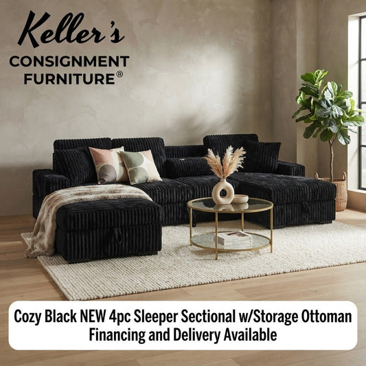 Cozy Black NEW 4pc Sleeper Sectional w/Storage Ottoman