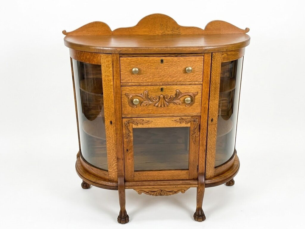 86428 Antique Quarter-Sawn Oak Curved Glass Sideboard Buffet