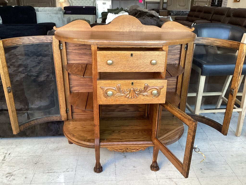 86428 Antique Quarter-Sawn Oak Curved Glass Sideboard Buffet