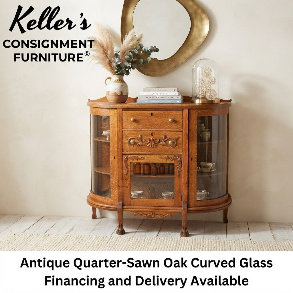 86428 - Antique Quarter-Sawn Oak Curved Glass Sideboard Buffet 42x16x44