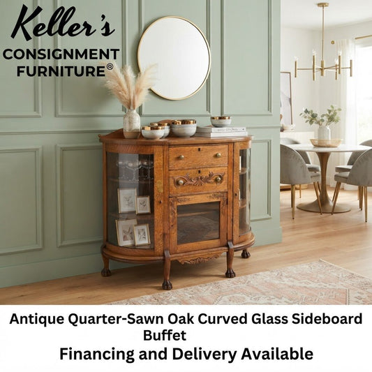 86428 - Antique Quarter-Sawn Oak Curved Glass Sideboard Buffet 42x16x44