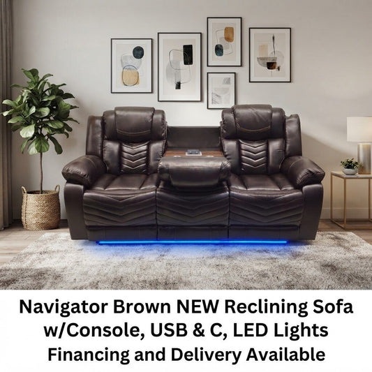 Navigator Brown NEW Reclining Sofa w/Console, USB & C, LED Lights 86x38x41 (653320)