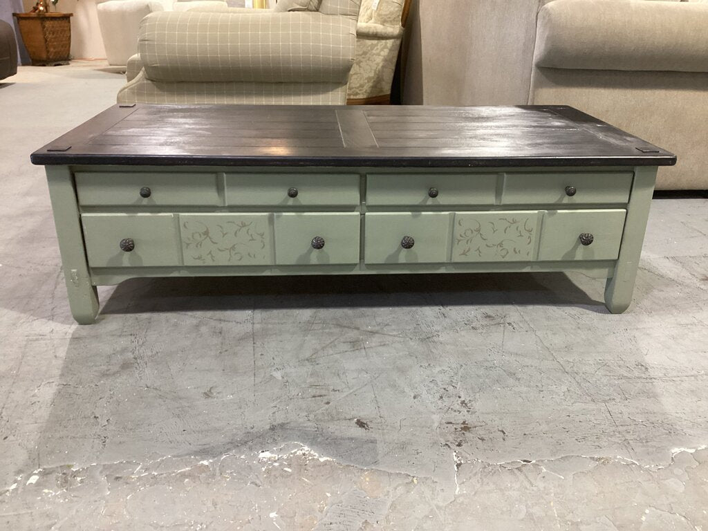 86429 Hand Painted Olive and Black Storage Coffee Table 54x26x16
