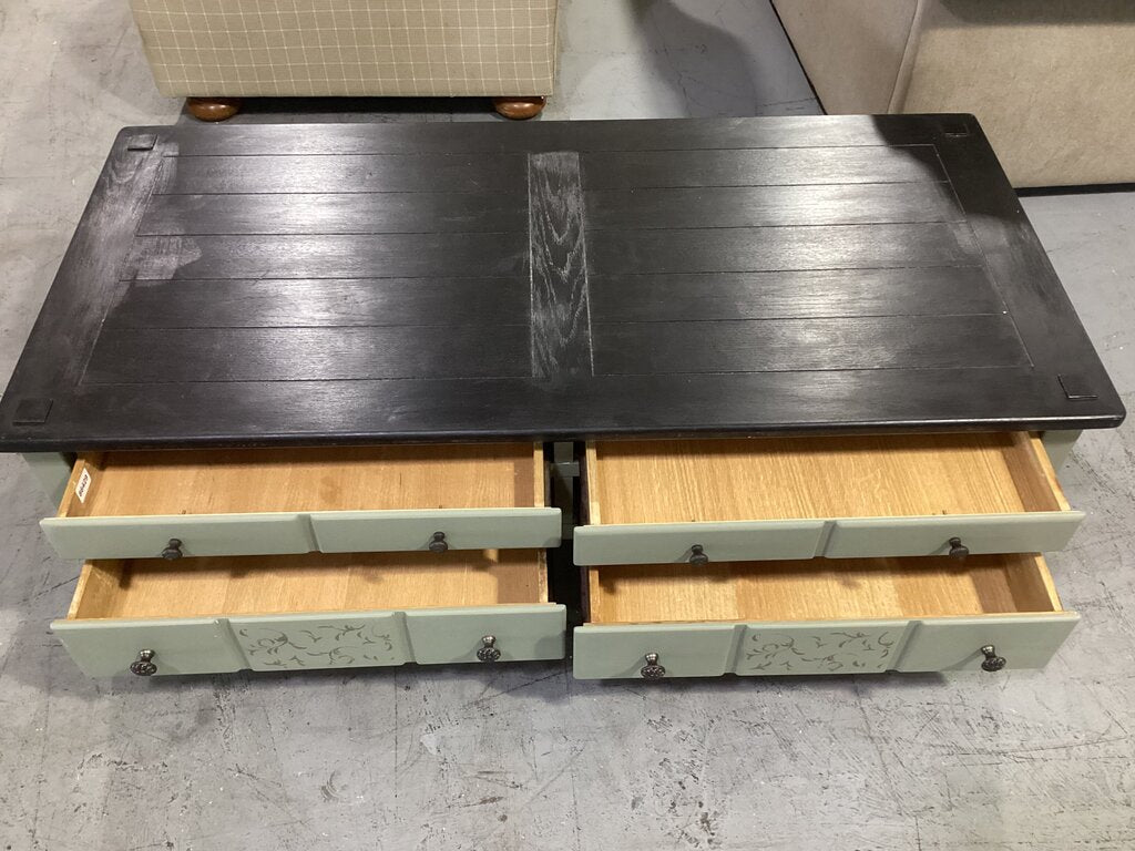 86429 Hand Painted Olive and Black Storage Coffee Table 54x26x16