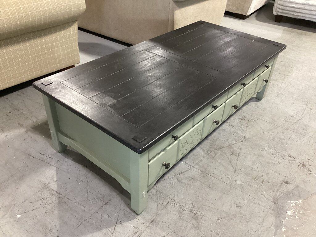 86429 Hand Painted Olive and Black Storage Coffee Table 54x26x16