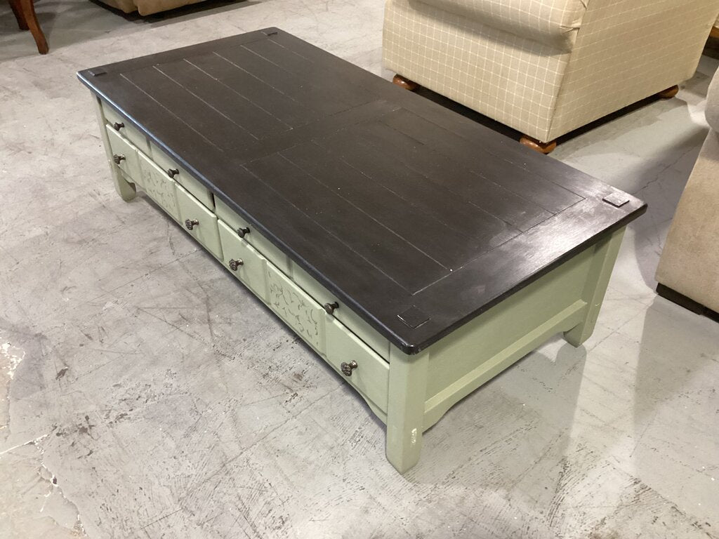 86429 Hand Painted Olive and Black Storage Coffee Table 54x26x16