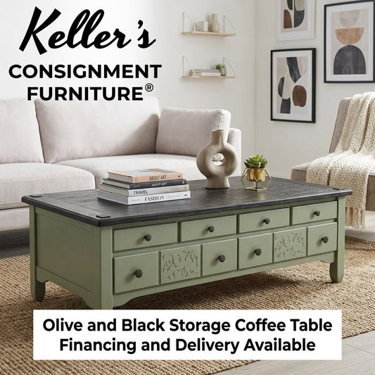 86429 - Hand Painted Olive and Black Storage Coffee Table 54x26x16