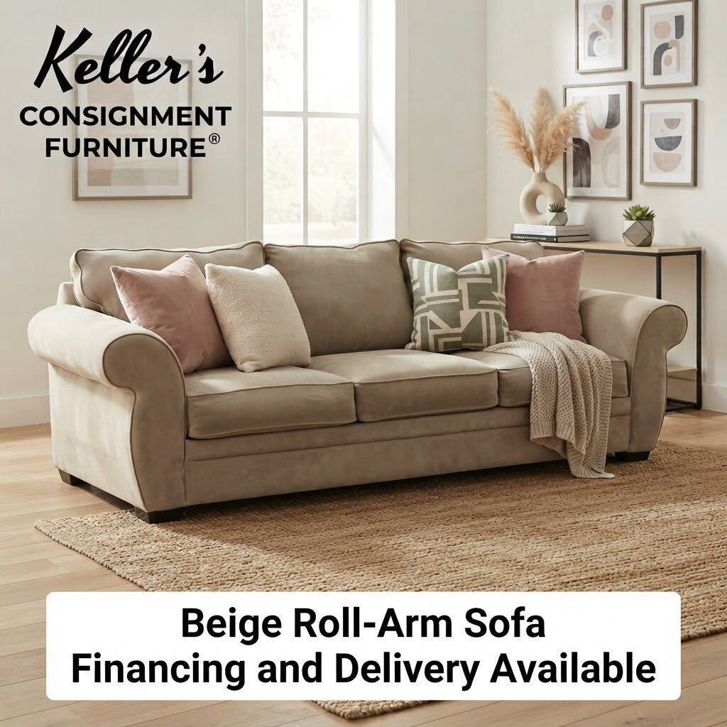86441 - Beige Roll-Arm Plush Back Sofa 94x38x34