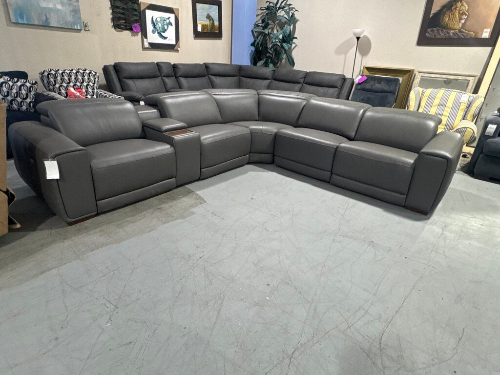 86606 - Gray Leather Power Reclining Sectional