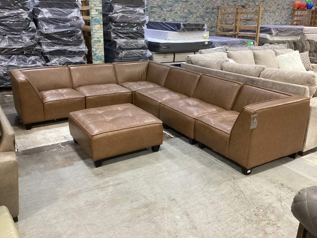 86598 - Brown Top Grain Leather 7pc Modular Sectional w/Ottoman
