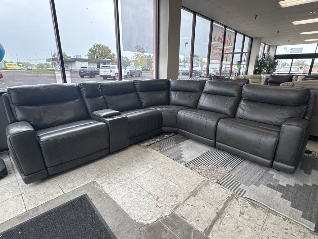 86729 - Simon Li Gray Leather 6pc Sectional w/Power Headrests 131x118x40x41h