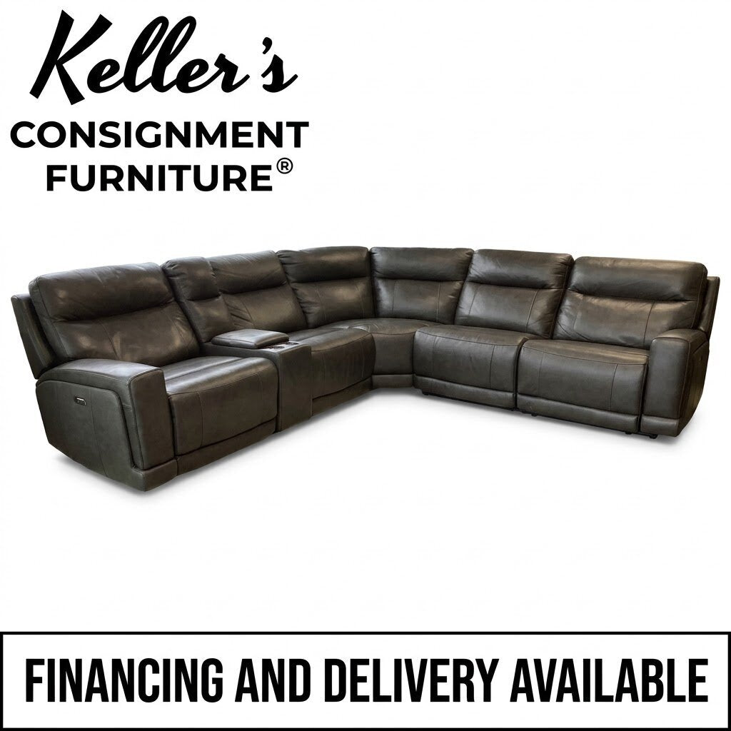 86729 - Simon Li Gray Leather 6pc Sectional w/Power Headrests 131x118x40x41h