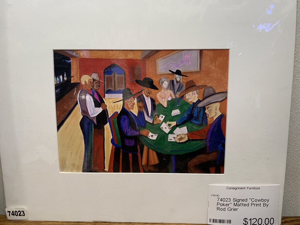 74023 - Matted Print "Cowboy Poker" Signed By Rod Grier 20x16