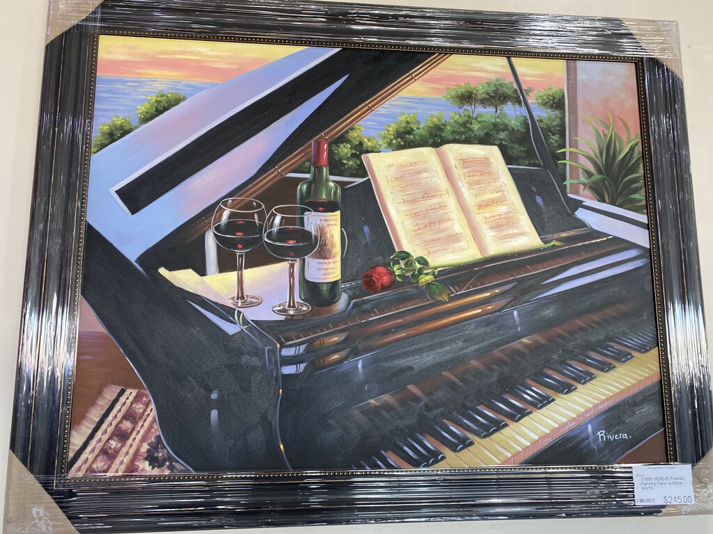 77650 (8280-8) NEW Framed Painting Piano w/Wine 56x44